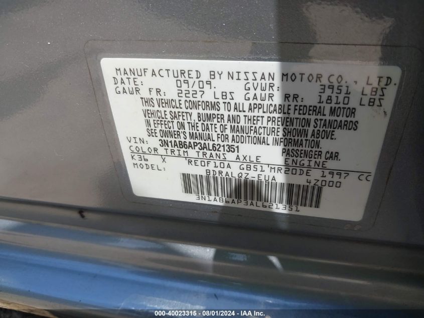 2010 Nissan Sentra 2.0 VIN: 3N1AB6AP3AL621351 Lot: 40023315