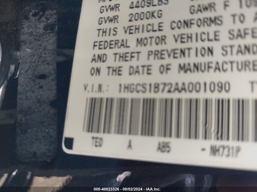 2010 Honda Accord 2.4 Ex VIN: 1HGCS1B72AA001090 Lot: 40023326