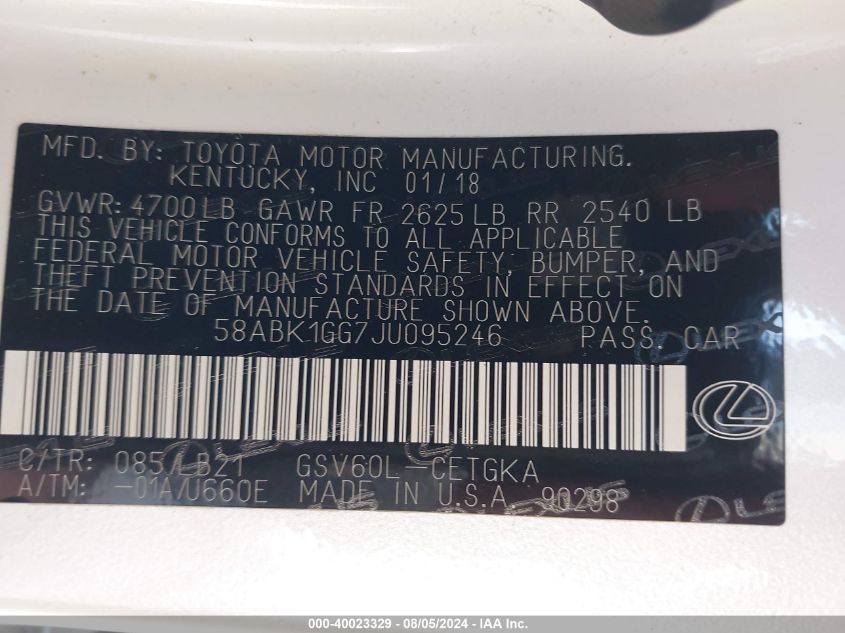 2018 Lexus Es 350 VIN: 58ABK1GG7JU095246 Lot: 40023329