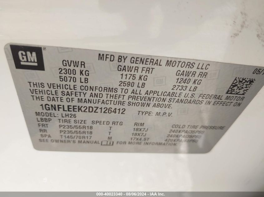 2013 Chevrolet Equinox Lt VIN: 1GNFLEEK2DZ126412 Lot: 40023340