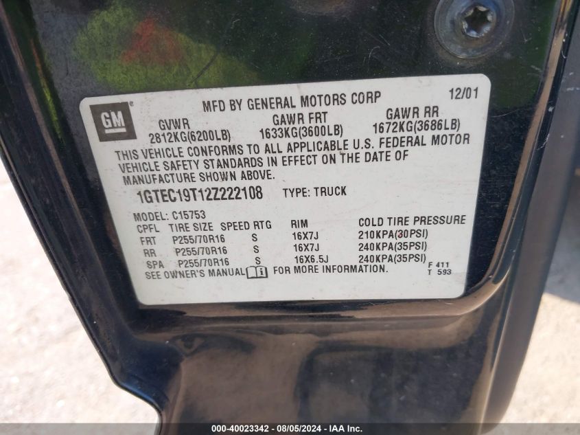 2002 GMC Sierra 1500 Sle VIN: 1GTEC19T12Z222108 Lot: 40023342