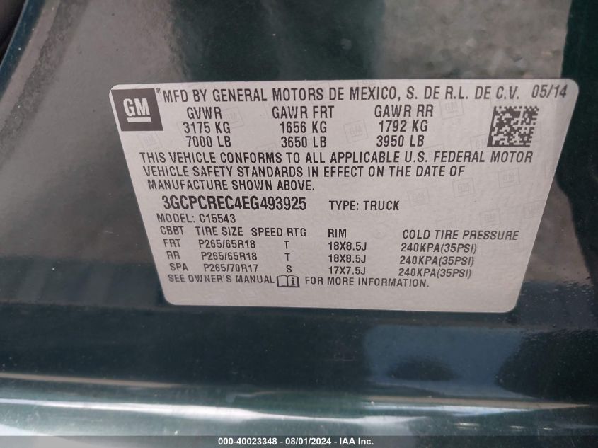 2014 Chevrolet Silverado 1500 2Lt VIN: 3GCPCREC4EG493925 Lot: 40023348