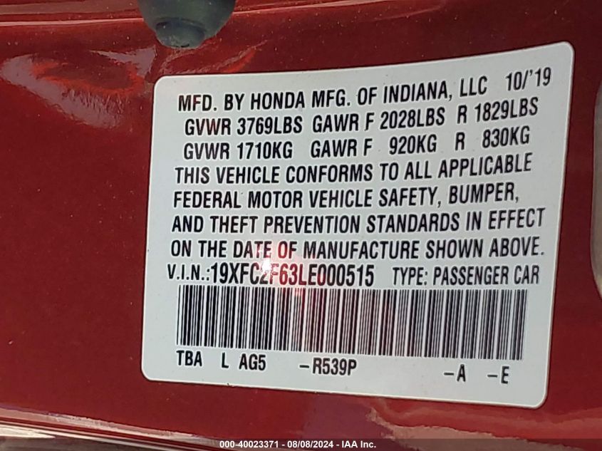 2020 Honda Civic Lx VIN: 19XFC2F63LE000515 Lot: 40023371