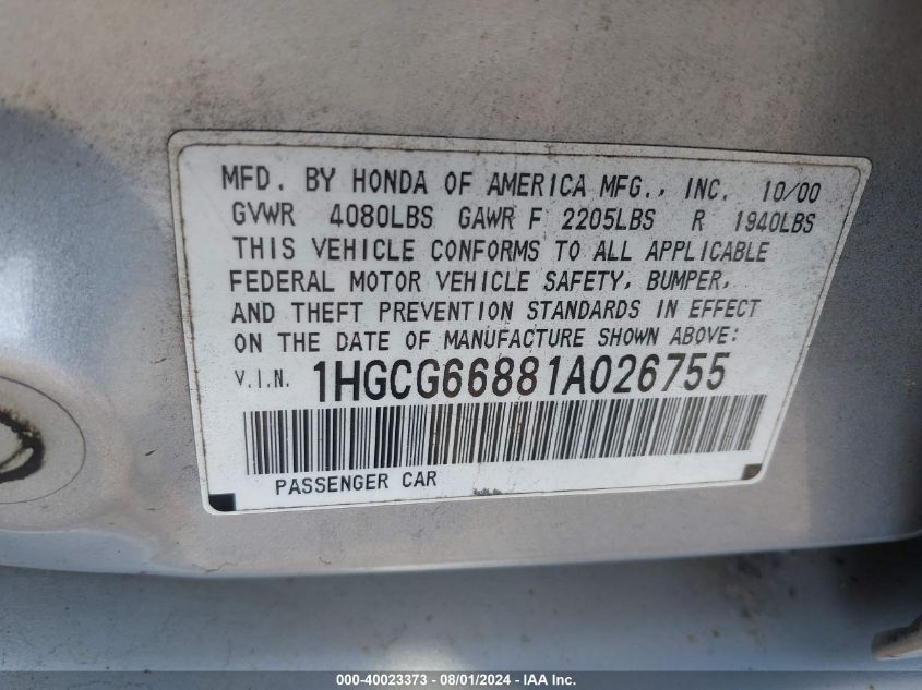 1HGCG66881A026755 | 2001 HONDA ACCORD