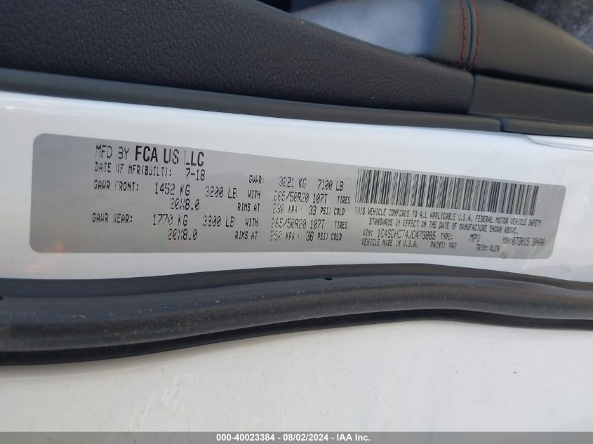 2018 Dodge Durango R/T Rwd VIN: 1C4SDHCT4JC473885 Lot: 40023384