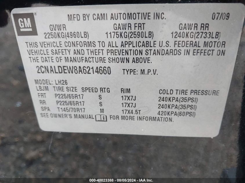 2010 Chevrolet Equinox Lt VIN: 2CNALDEW8A6214660 Lot: 40023388