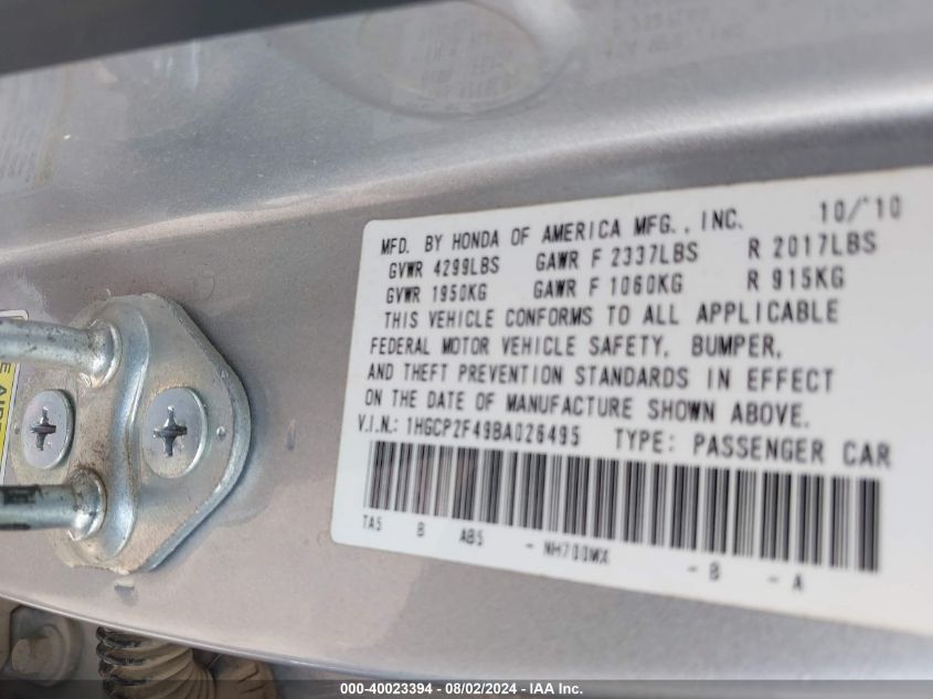 1HGCP2F49BA026495 2011 Honda Accord 2.4 Lx-P