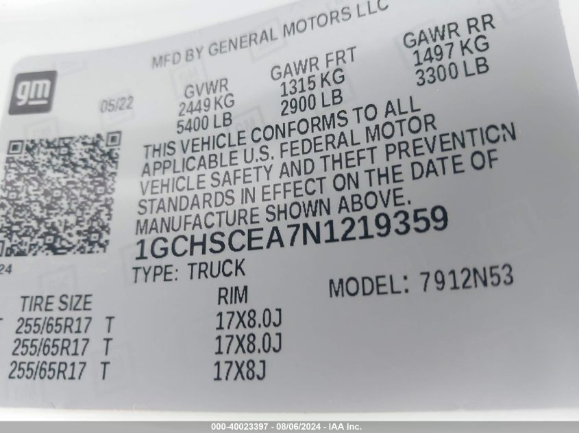 2022 Chevrolet Colorado 2Wd Long Box Lt VIN: 1GCHSCEA7N1219359 Lot: 40023397