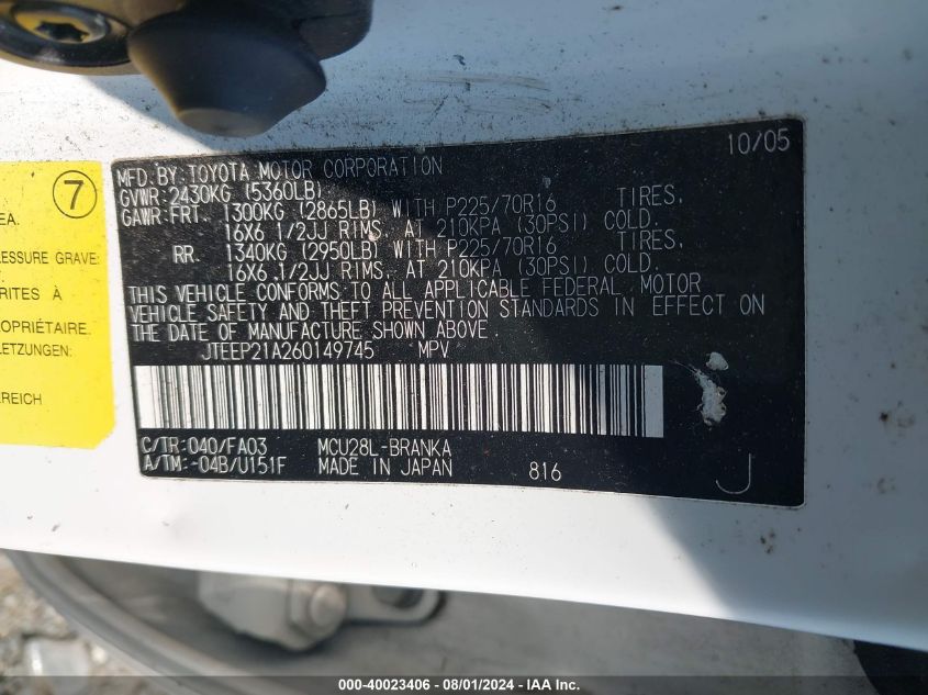 2006 Toyota Highlander V6 VIN: JTEEP21A260149745 Lot: 40023406