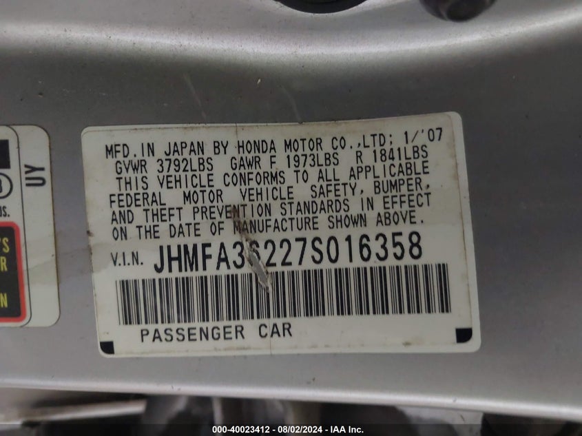 2007 Honda Civic Hybrid VIN: JHMFA36227S016358 Lot: 40023412