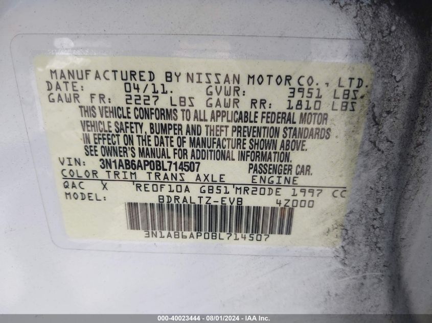 2011 Nissan Sentra 2.0S VIN: 3N1AB6AP0BL714507 Lot: 40023444