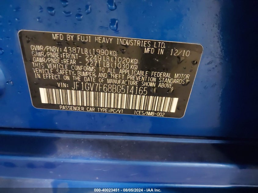 2011 Subaru Impreza Wrx Premium VIN: JF1GV7F68BG514165 Lot: 40023451