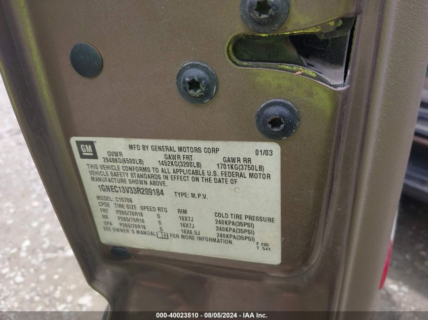 2003 Chevrolet Tahoe Ls VIN: 1GNEC13V33R209184 Lot: 40023510