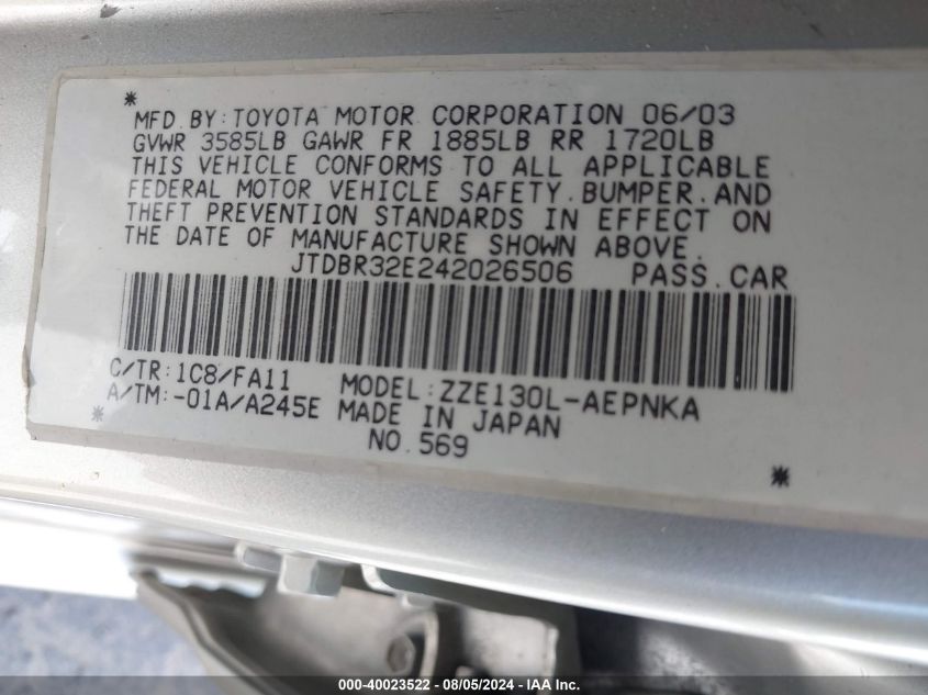 2004 Toyota Corolla Le VIN: JTDBR32E242026506 Lot: 40023522