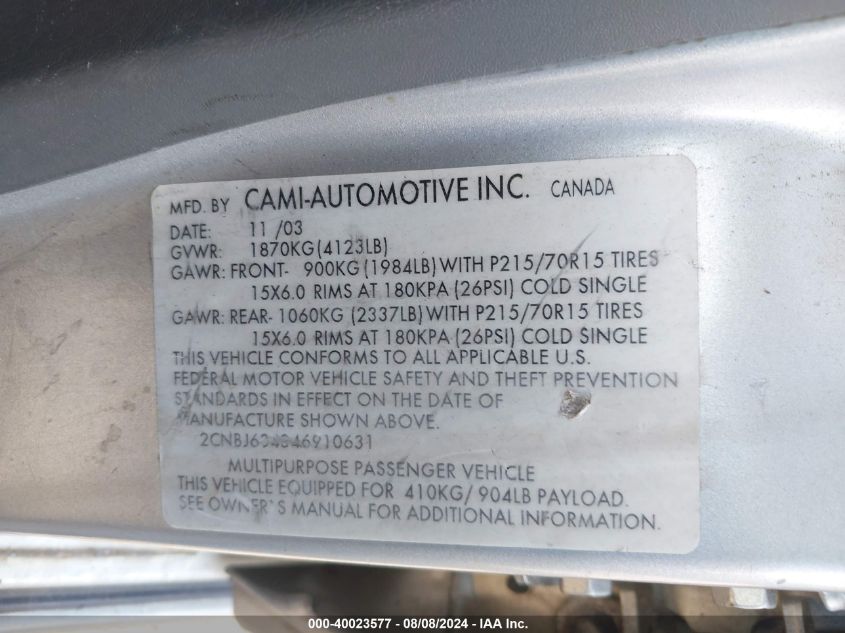 2004 Chevrolet Tracker Lt VIN: 2CNBJ634346910631 Lot: 40023577