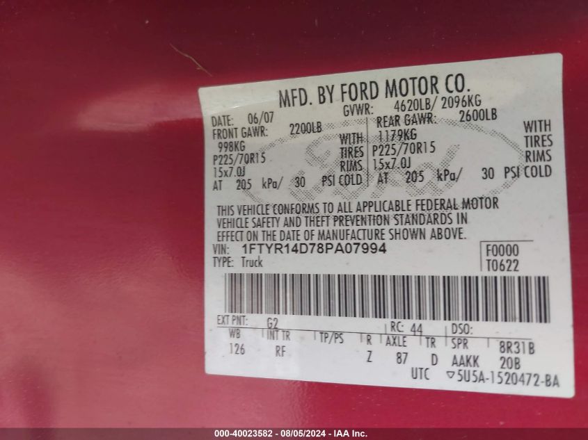 2008 Ford Ranger Xl/Xlt VIN: 1FTYR14D78PA07994 Lot: 40023582