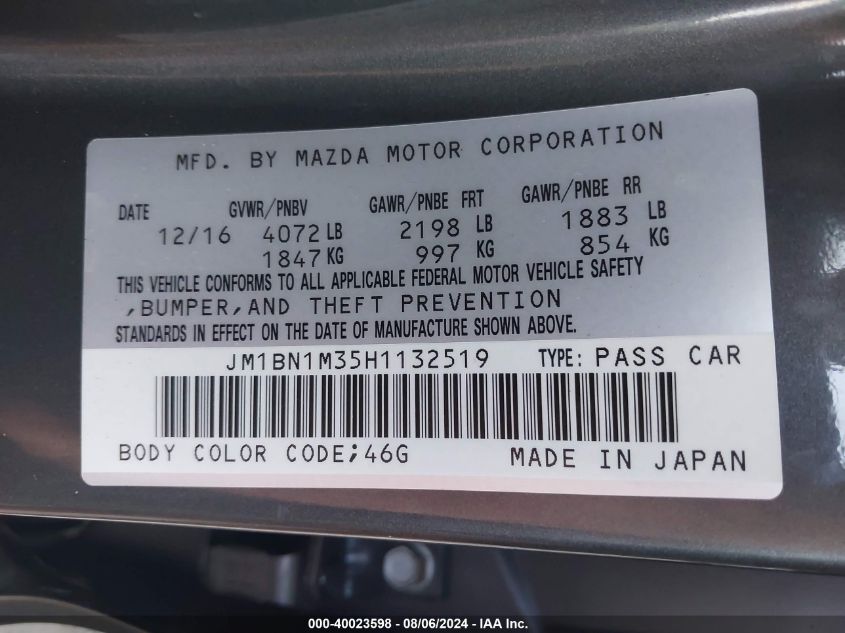 2017 Mazda Mazda3 Grand Touring VIN: JM1BN1M35H1132519 Lot: 40023598