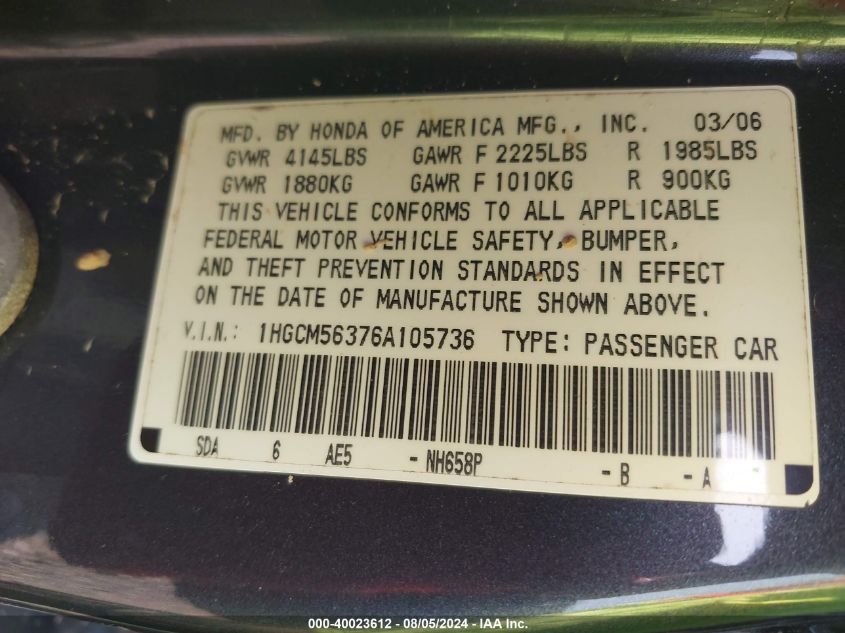 2006 Honda Accord 2.4 Se VIN: 1HGCM56376A105736 Lot: 40023612
