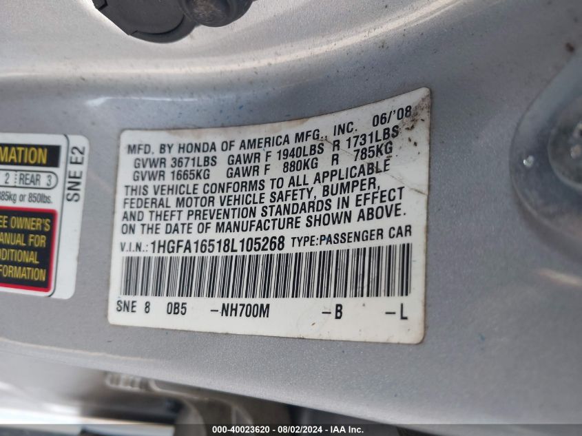 2008 Honda Civic Lx VIN: 1HGFA16518L105268 Lot: 40023620