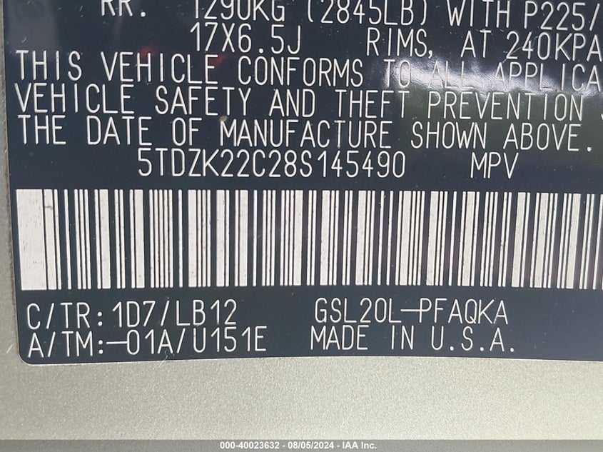 2008 Toyota Sienna Xle VIN: 5TDZK22C28S145490 Lot: 40023632