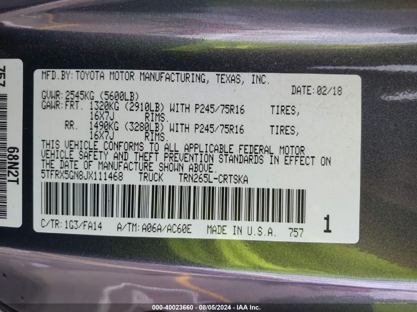 2018 Toyota Tacoma Sr VIN: 5TFRX5GN8JX111468 Lot: 40023660