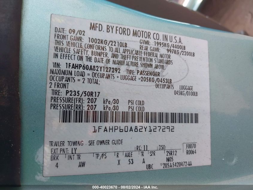 2002 Ford Thunderbird VIN: 1FAHP60A82Y127292 Lot: 40023670