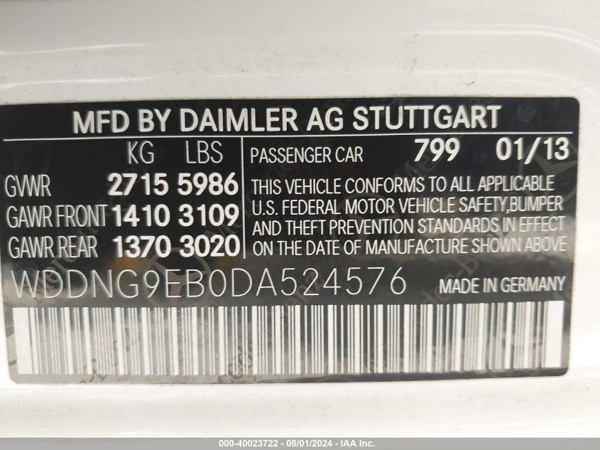 2013 Mercedes-Benz S 550 4Matic VIN: WDDNG9EB0DA524576 Lot: 40023722