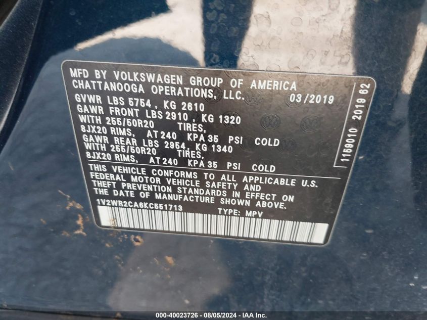 1V2WR2CA6KC551713 2019 Volkswagen Atlas 3.6L V6 Se W/Technology