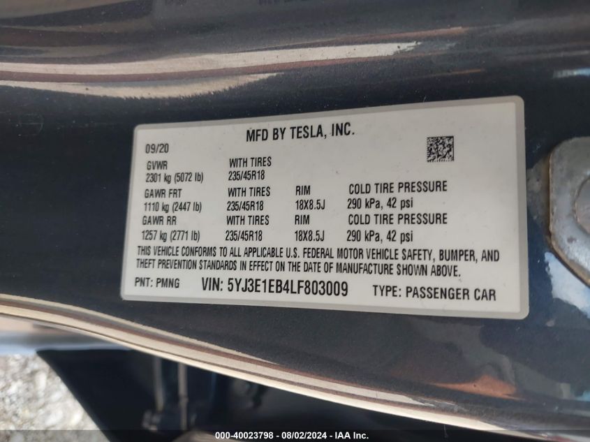 2020 Tesla Model 3 Long Range Dual Motor All-Wheel Drive VIN: 5YJ3E1EB4LF803009 Lot: 40023798