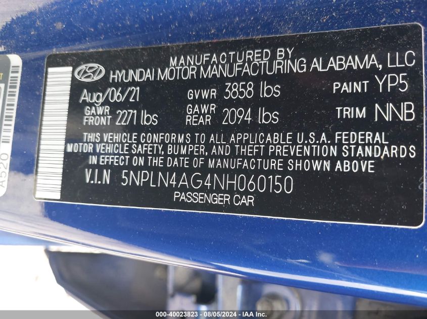 2022 Hyundai Elantra Sel VIN: 5NPLN4AG4NH060150 Lot: 40023823