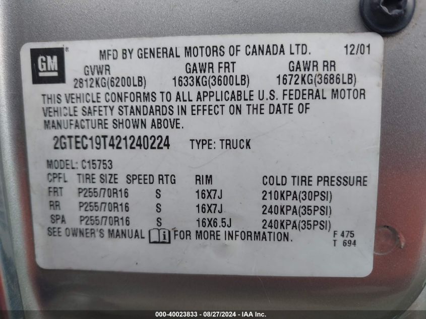 2002 GMC Sierra 1500 Sle VIN: 2GTEC19T421240224 Lot: 40023833