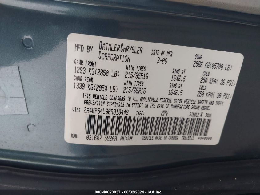 2006 Chrysler Town & Country Touring VIN: 2A4GP54L86R818449 Lot: 40023837