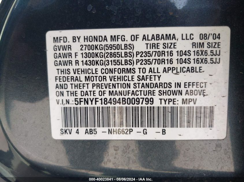 2004 Honda Pilot Ex VIN: 5FNYF18494B009799 Lot: 40023841