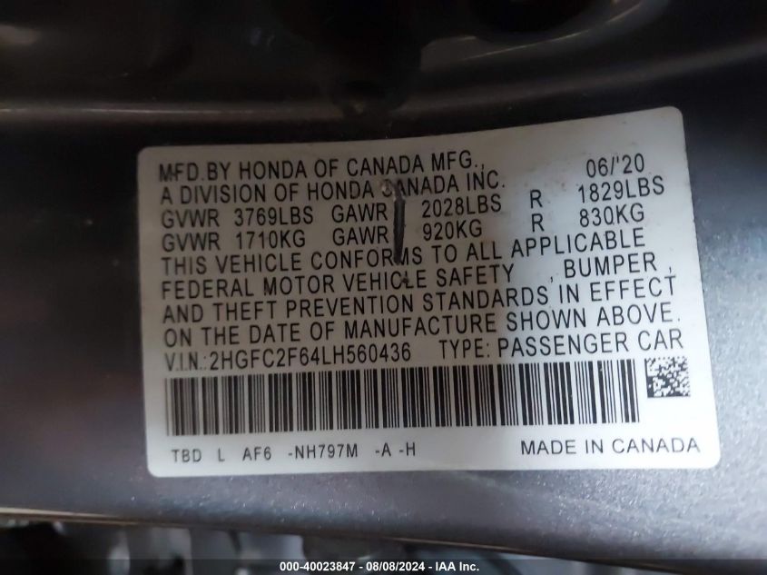 2020 Honda Civic Lx VIN: 2HGFC2F64LH560436 Lot: 40023847