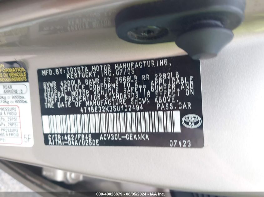 4T1BE32K35U102494 2005 Toyota Camry Le