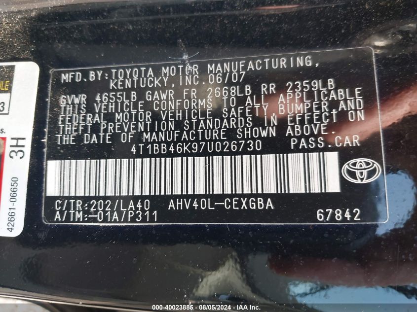 2007 Toyota Camry Hybrid Hybrid VIN: 4T1BB46K97U026730 Lot: 40023885