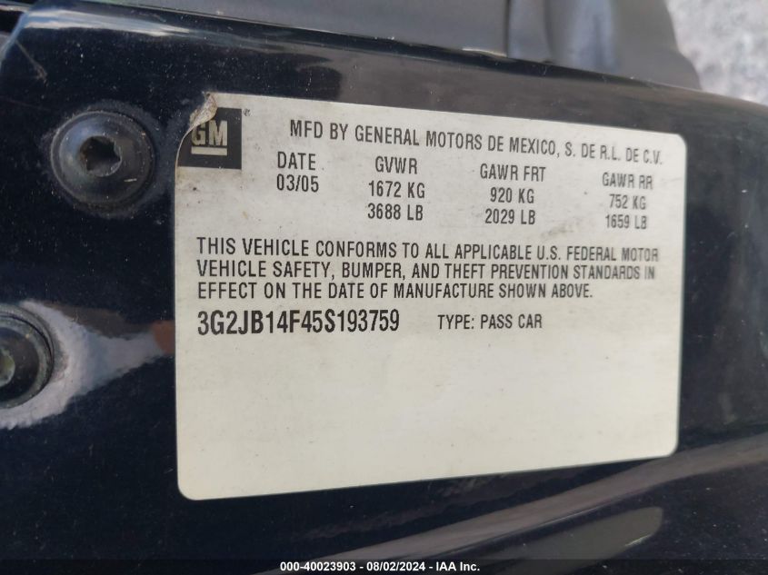 2005 Pontiac Sunfire VIN: 3G2JB14F45S193759 Lot: 40023903