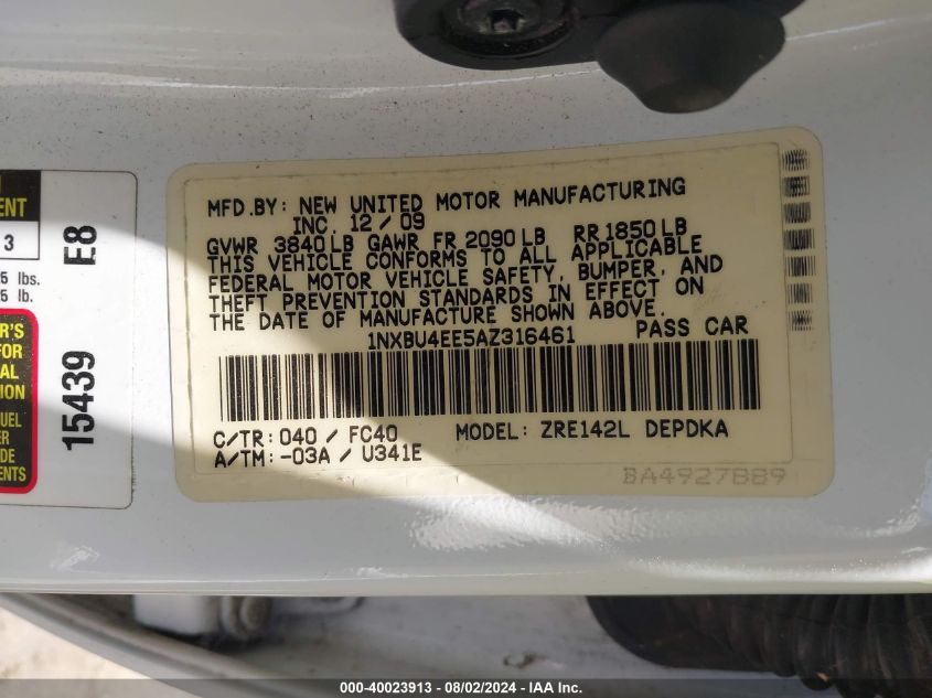 2010 Toyota Corolla Le VIN: 1NXBU4EE5AZ316461 Lot: 40023913