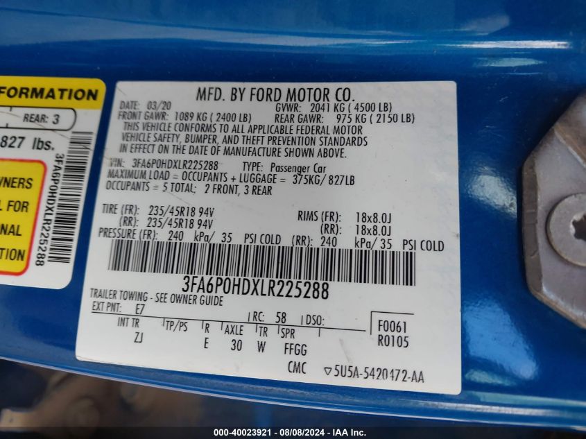 2020 FORD FUSION SE - 3FA6P0HDXLR225288