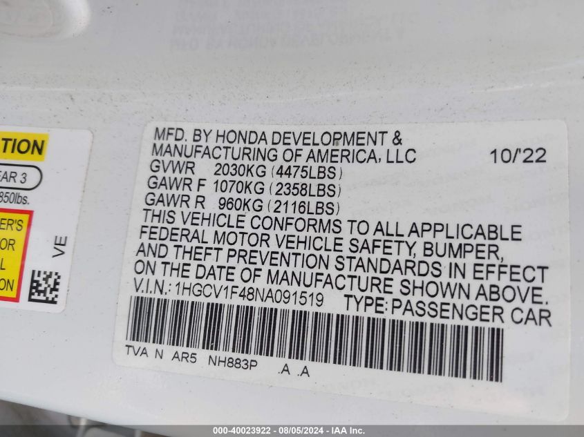 2022 Honda Accord Sport Special Edition VIN: 1HGCV1F48NA091519 Lot: 40023922