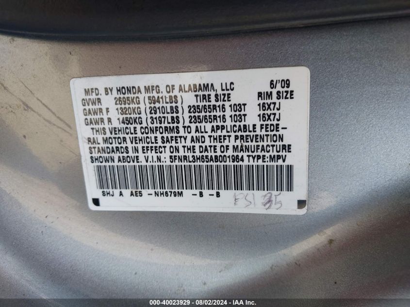 2010 Honda Odyssey Ex-L VIN: 5FNRL3H65AB001964 Lot: 40023929