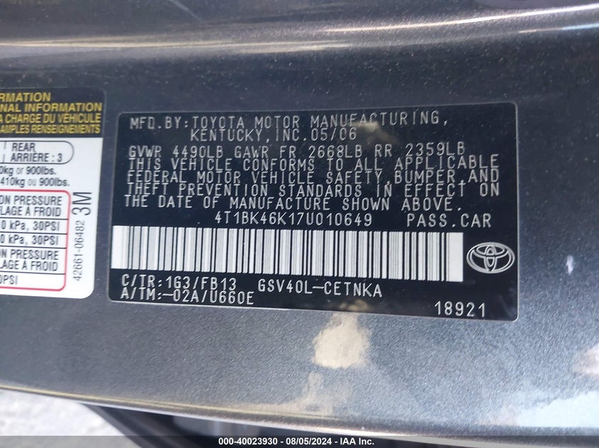 2007 Toyota Camry Le V6 VIN: 4T1BK46K17U010649 Lot: 40023930