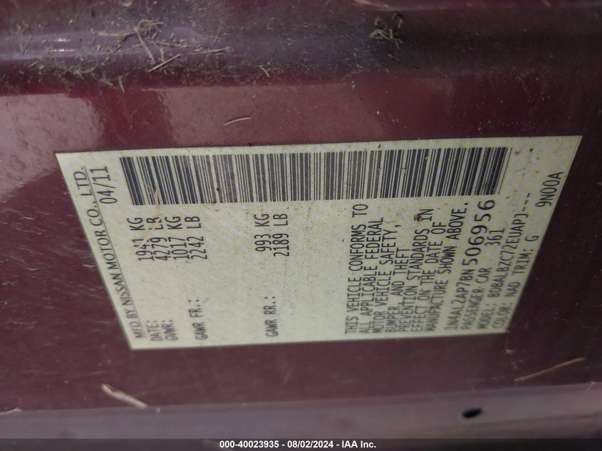 2011 Nissan Altima 2.5 S VIN: 1N4AL2AP7BN506956 Lot: 40023935