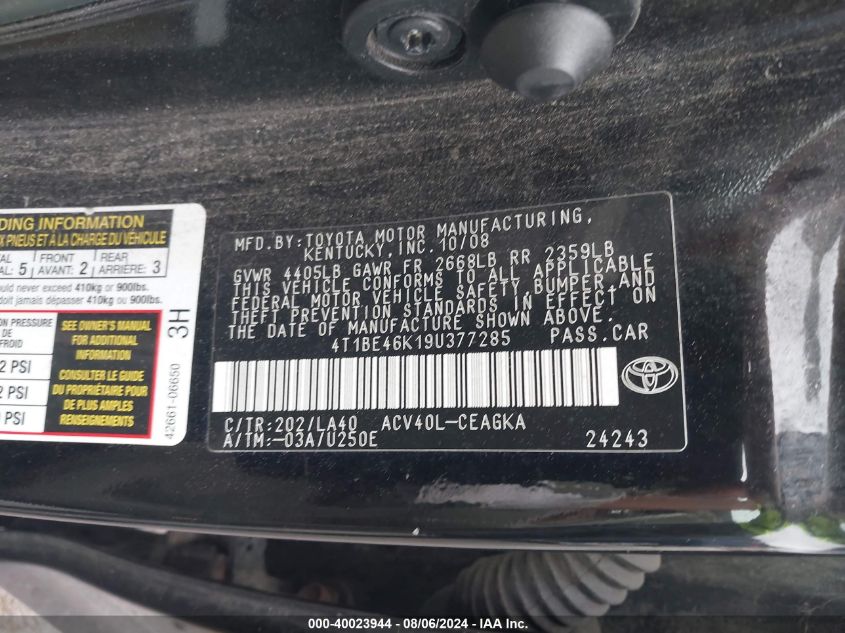 2009 Toyota Camry Xle VIN: 4T1BE46K19U377285 Lot: 40023944