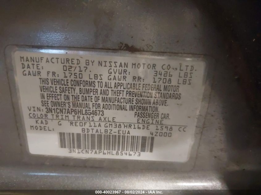 2017 NISSAN VERSA 1.6 SV - 3N1CN7AP6HL854673