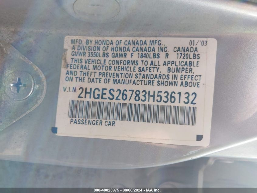 2003 Honda Civic Ex VIN: 2HGES26783H536132 Lot: 40023975