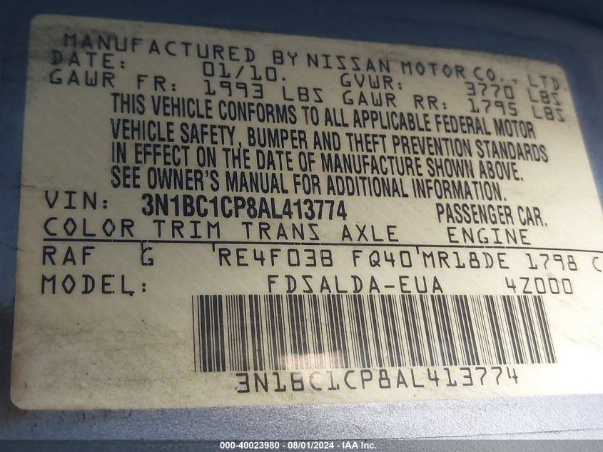 2010 Nissan Versa 1.8S VIN: 3N1BC1CP8AL413774 Lot: 40023980