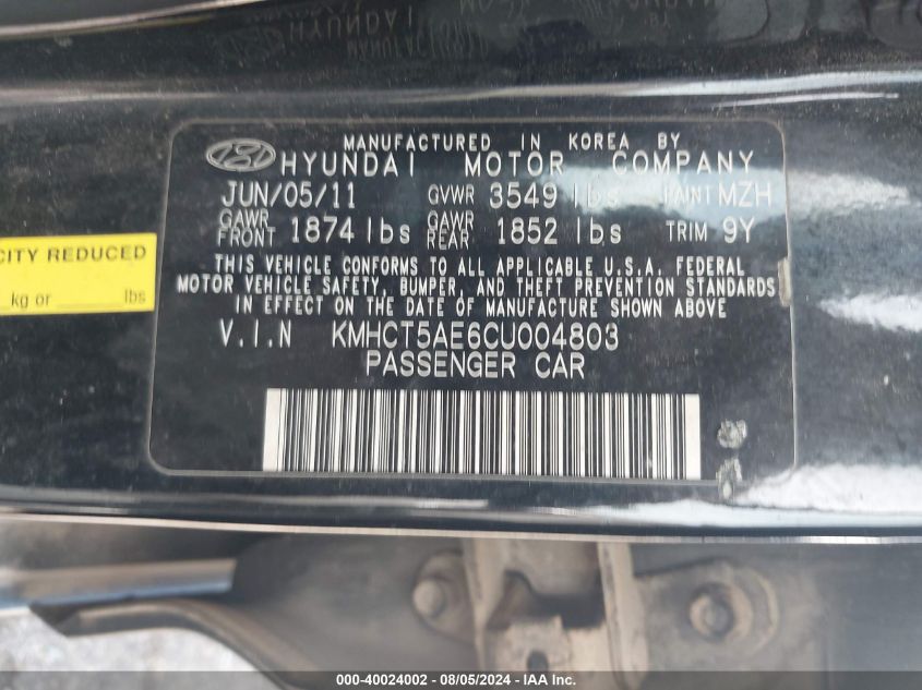 2012 Hyundai Accent Gs VIN: KMHCT5AE6CU004803 Lot: 40024002