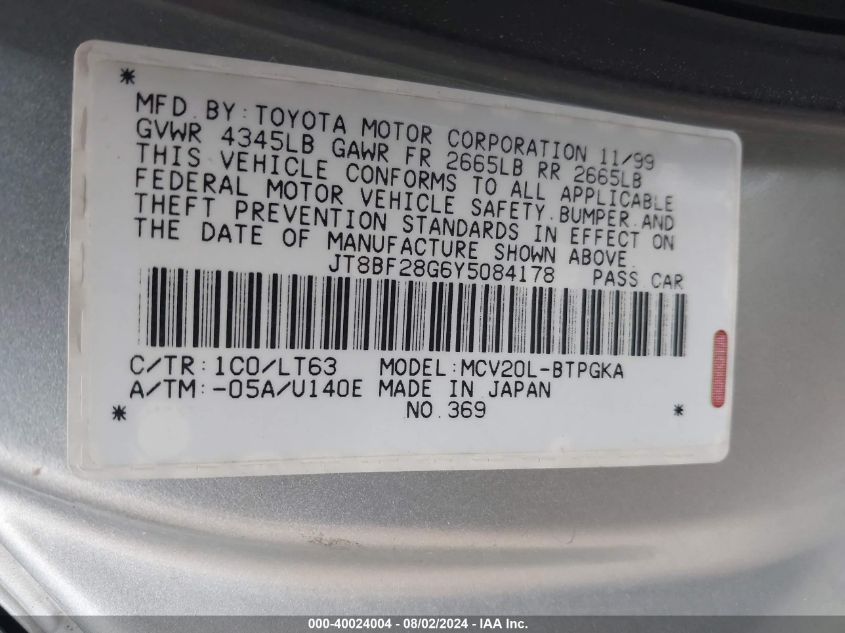 2000 Lexus Es 300 300 VIN: JT8BF28G6Y5084178 Lot: 40024004