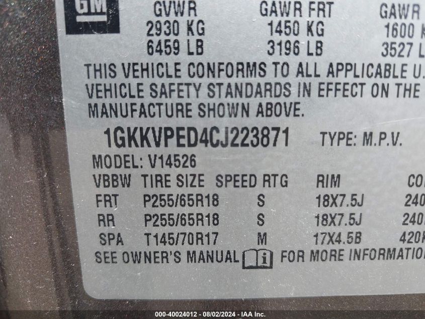 1GKKVPED4CJ223871 2012 GMC Acadia Sle